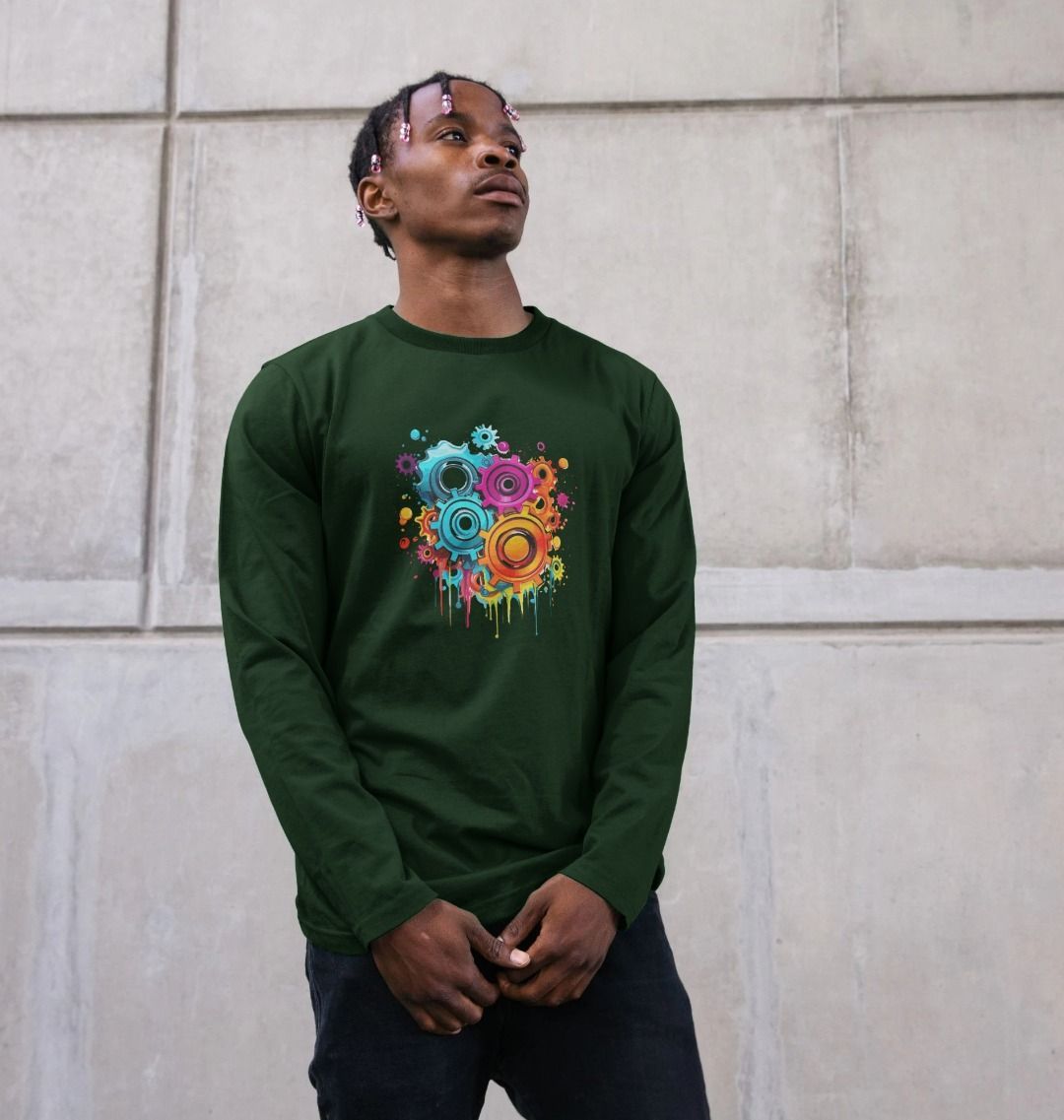 Green long-sleeve t-shirt with colorful abstract design (person)