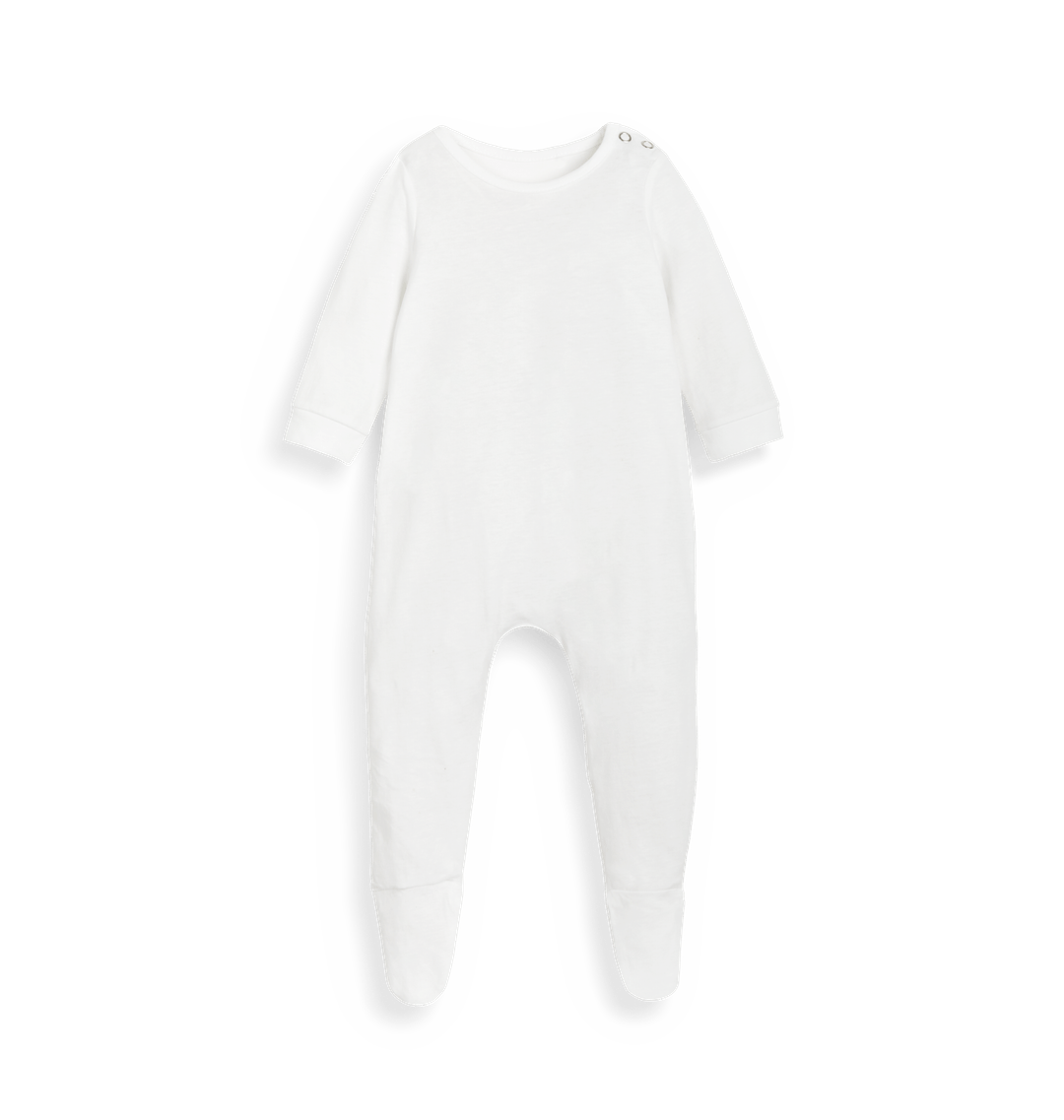 White baby onesie with black trim