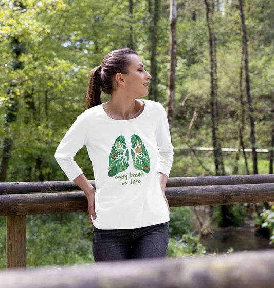 White long-sleeve t-shirt with green leafy lungs design (person)