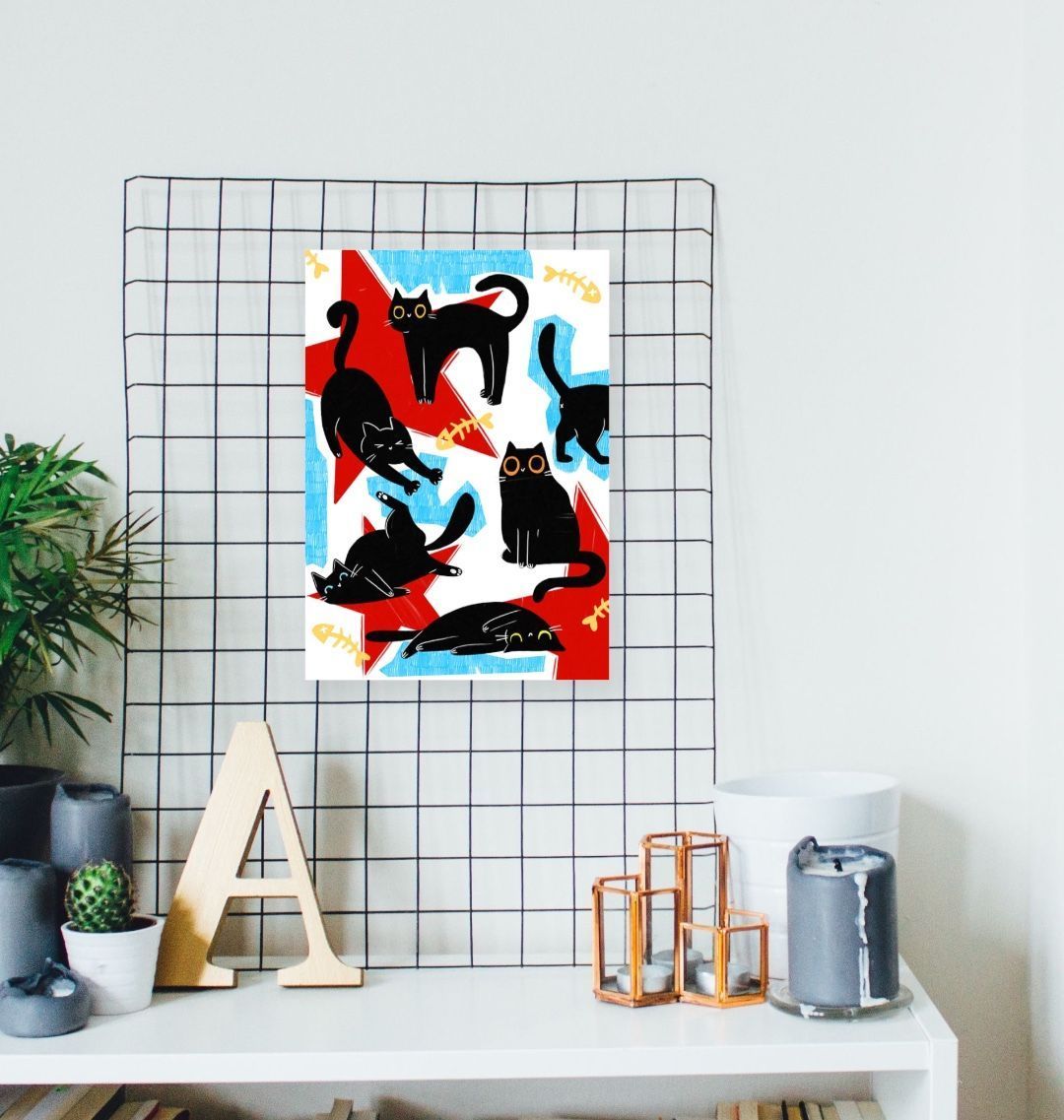 Black cat illustration on grid wall art