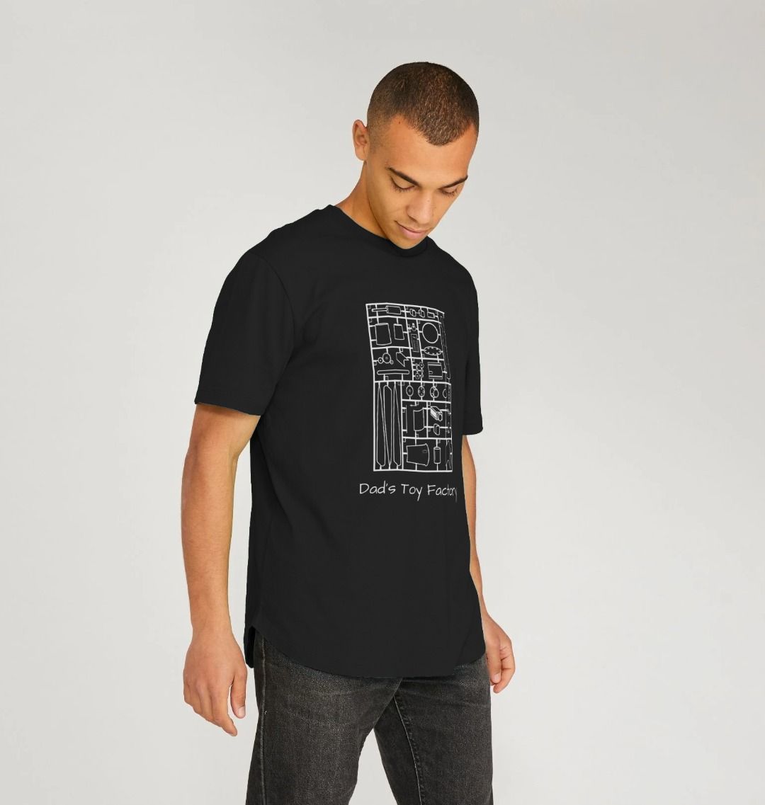 Black t-shirt with graphic design and text (person)