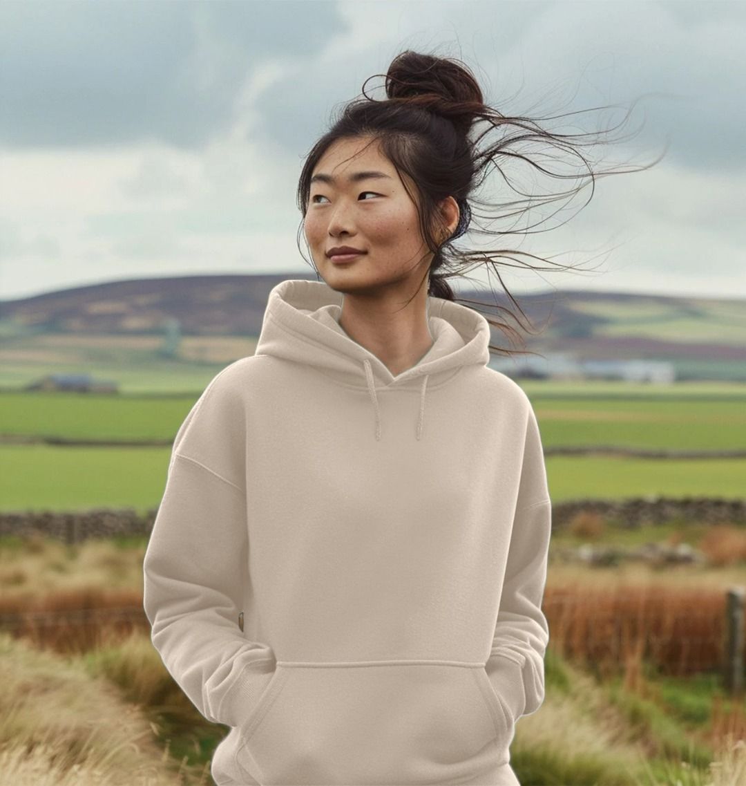 Beige hoodie with drawstrings (person)