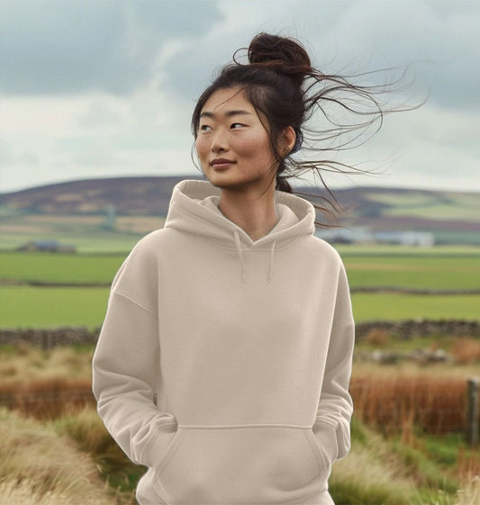 Beige hoodie with drawstrings (person)