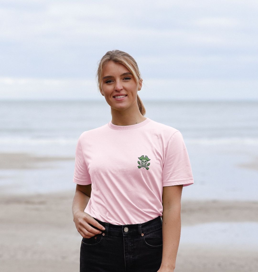 Pink t-shirt with skull and crossbones design (person)