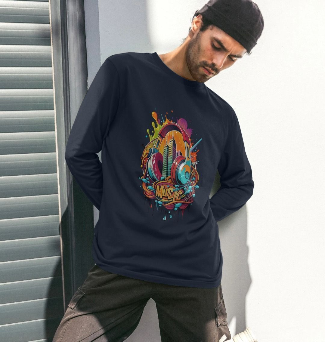 Navy long-sleeve t-shirt with colorful "Music" graphic (person)