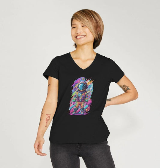 Black V-neck t-shirt with astronaut graphic (person)