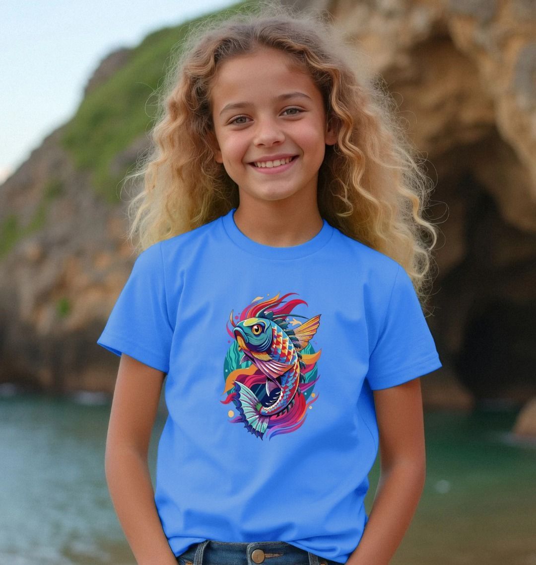 Blue t-shirt with colorful fish design (person)