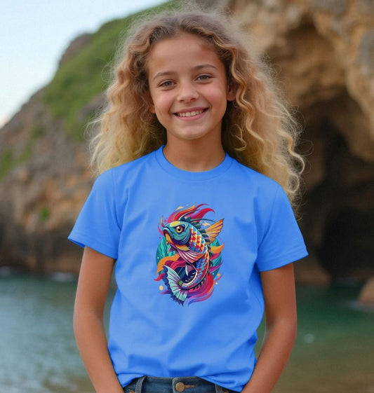Blue t-shirt with colorful fish design (person)