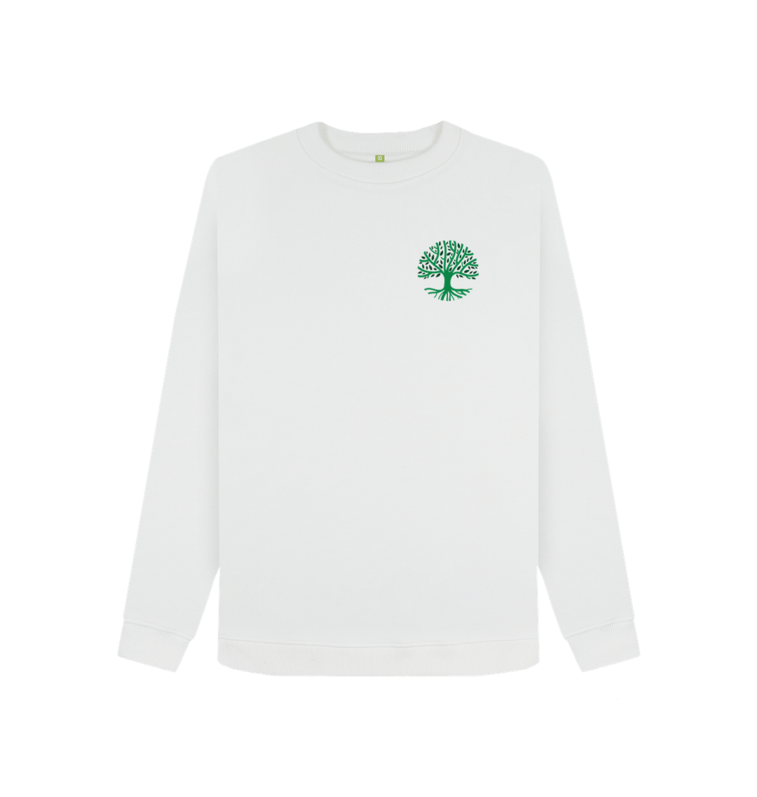 White long-sleeved sweatshirt with green tree logo