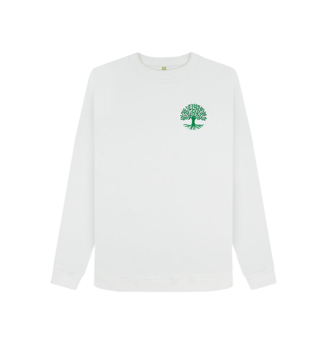 White crewneck sweatshirt with green tree logo