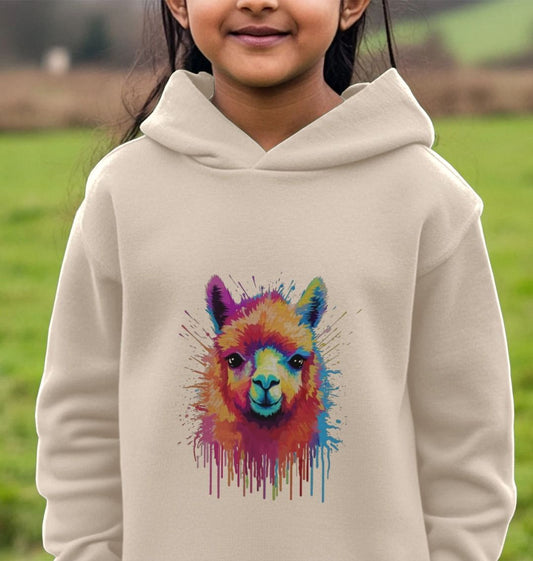 Child's beige hoodie with colorful llama design (person)
