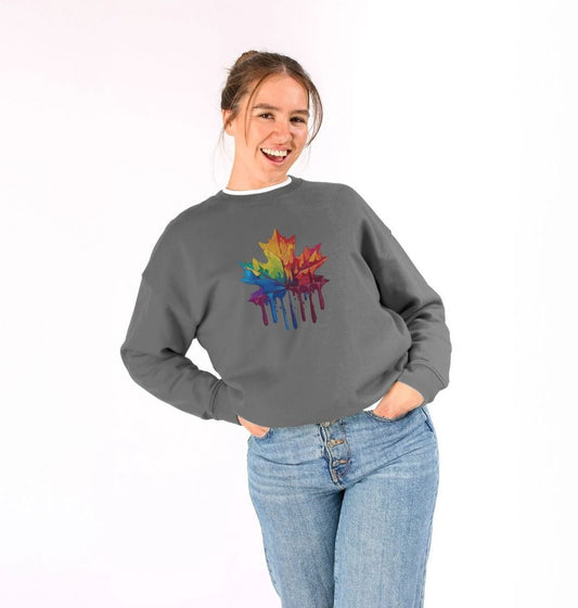 Gray sweatshirt with rainbow maple leaf design (person)