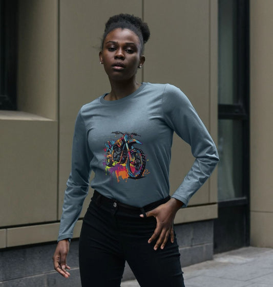 Long-sleeved t-shirt with colorful motorcycle graphic (person)