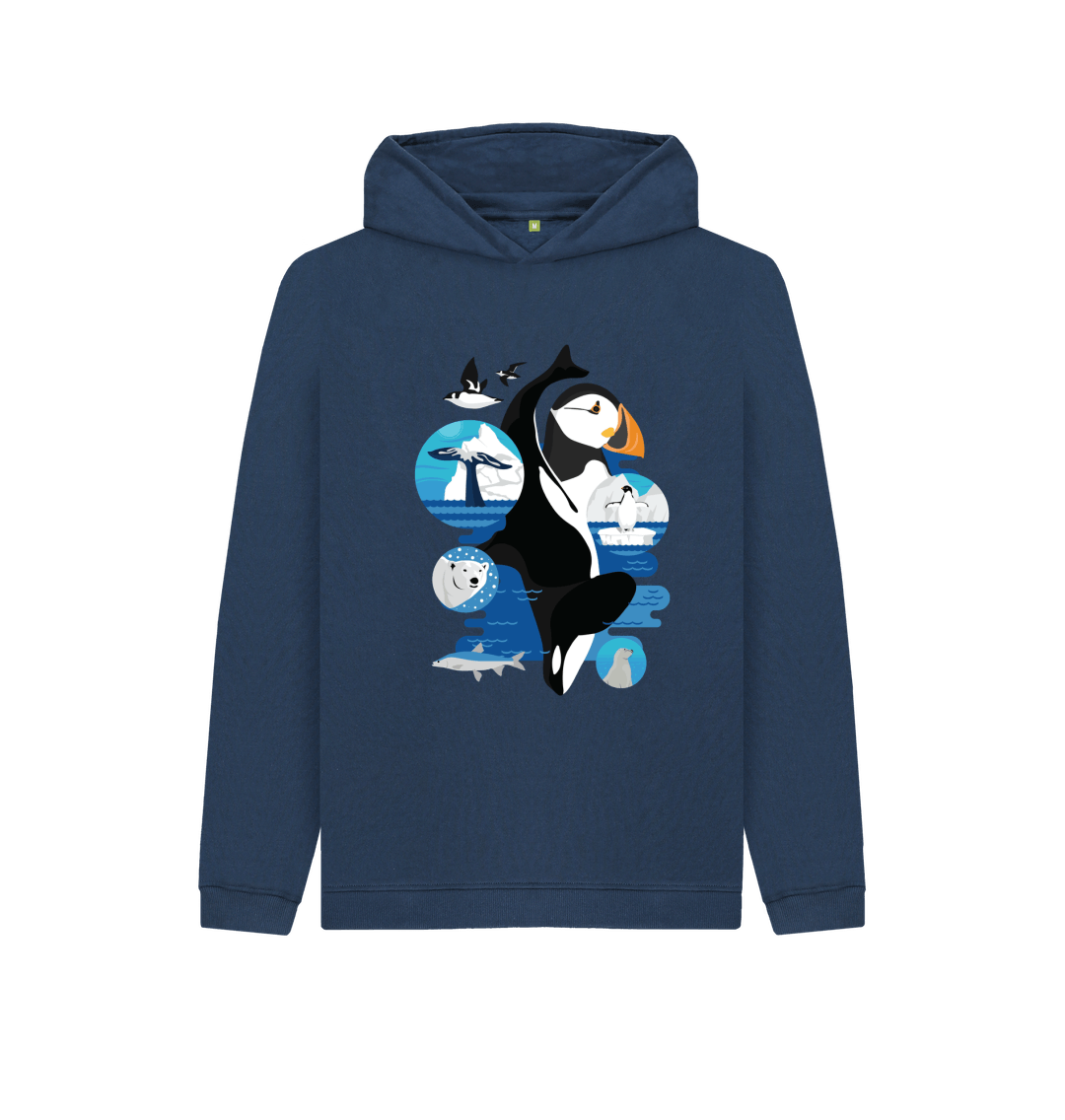 Navy blue hoodie with Arctic animal design