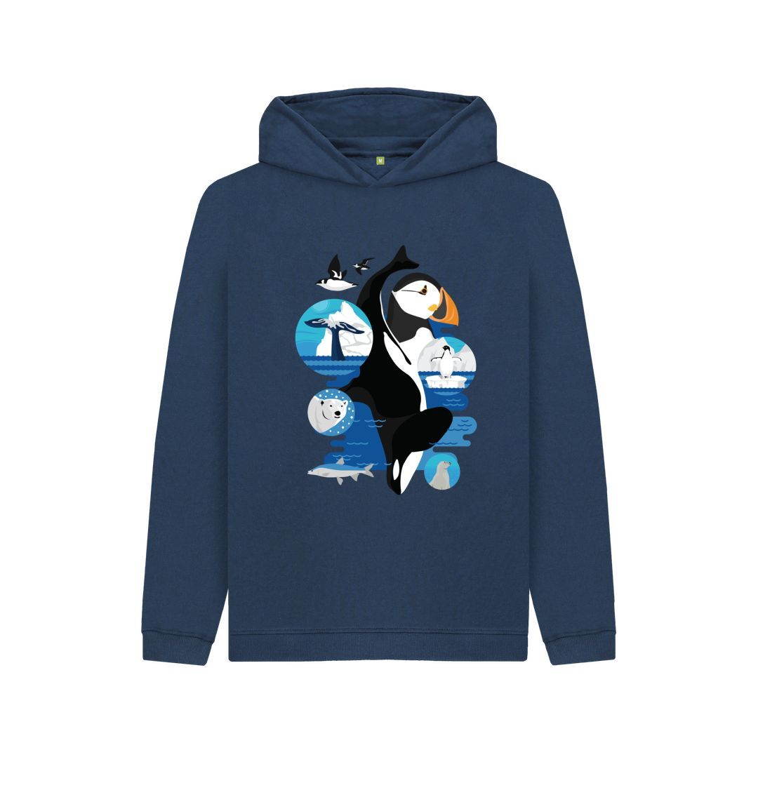 Navy blue hoodie with Arctic animal design
