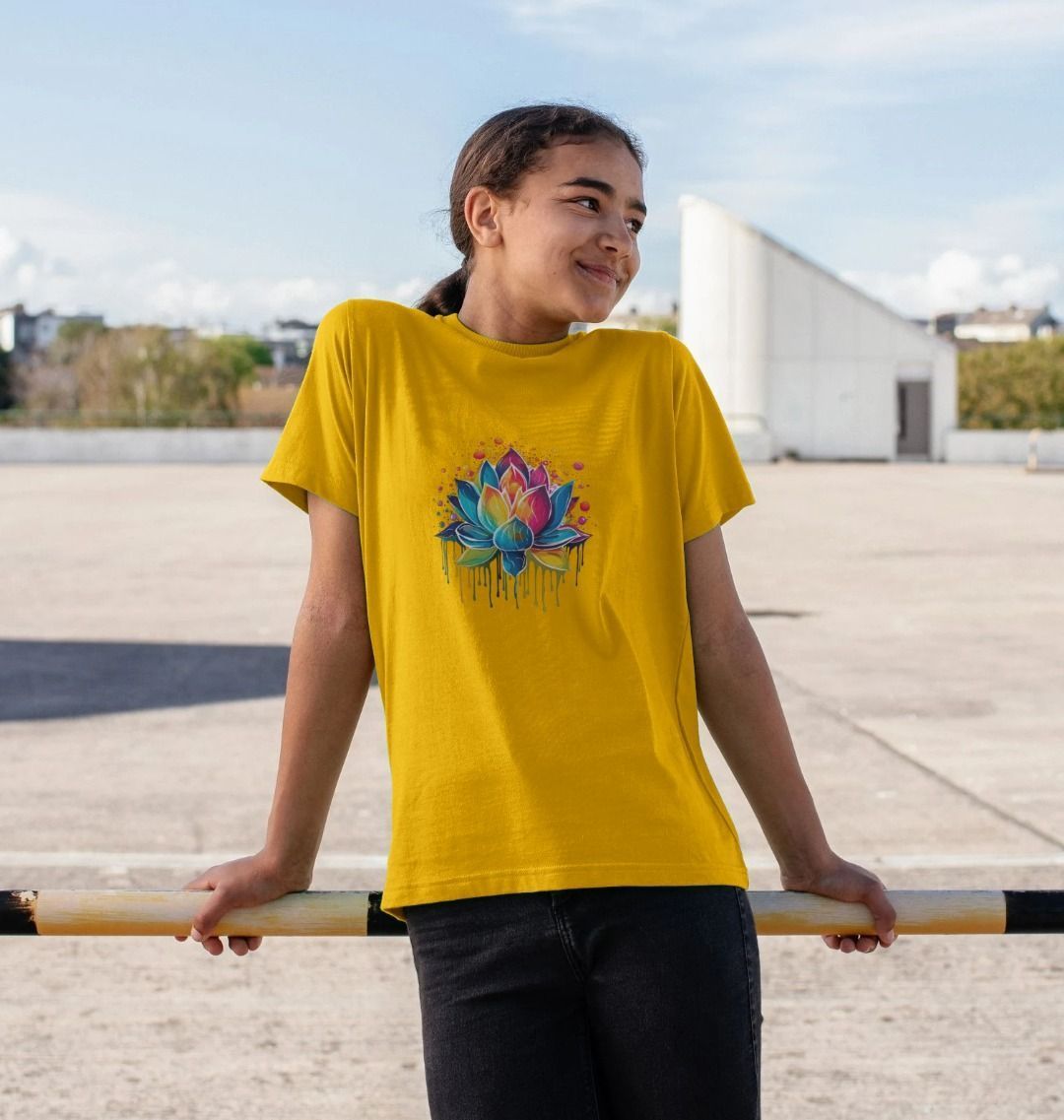 Yellow t-shirt with colorful lotus flower design (person)