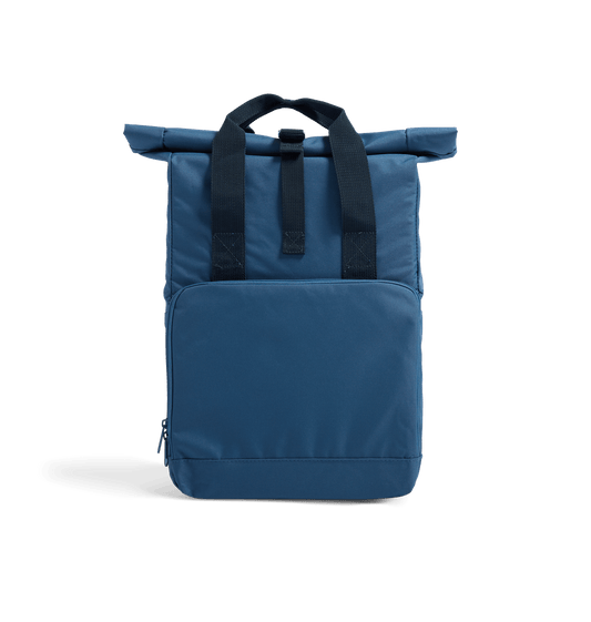 Blue backpack with roll-top closure