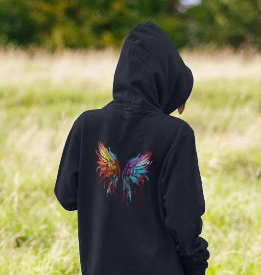 Black hoodie with colorful wings design (person)