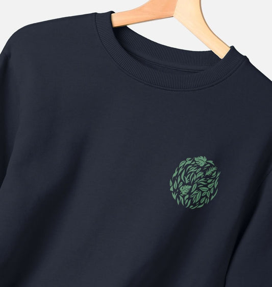 Navy blue sweatshirt with green leaf design