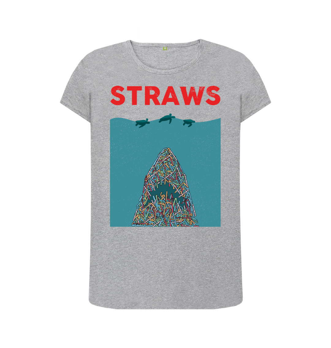 Gray t-shirt with "STRAWS" and ocean graphic