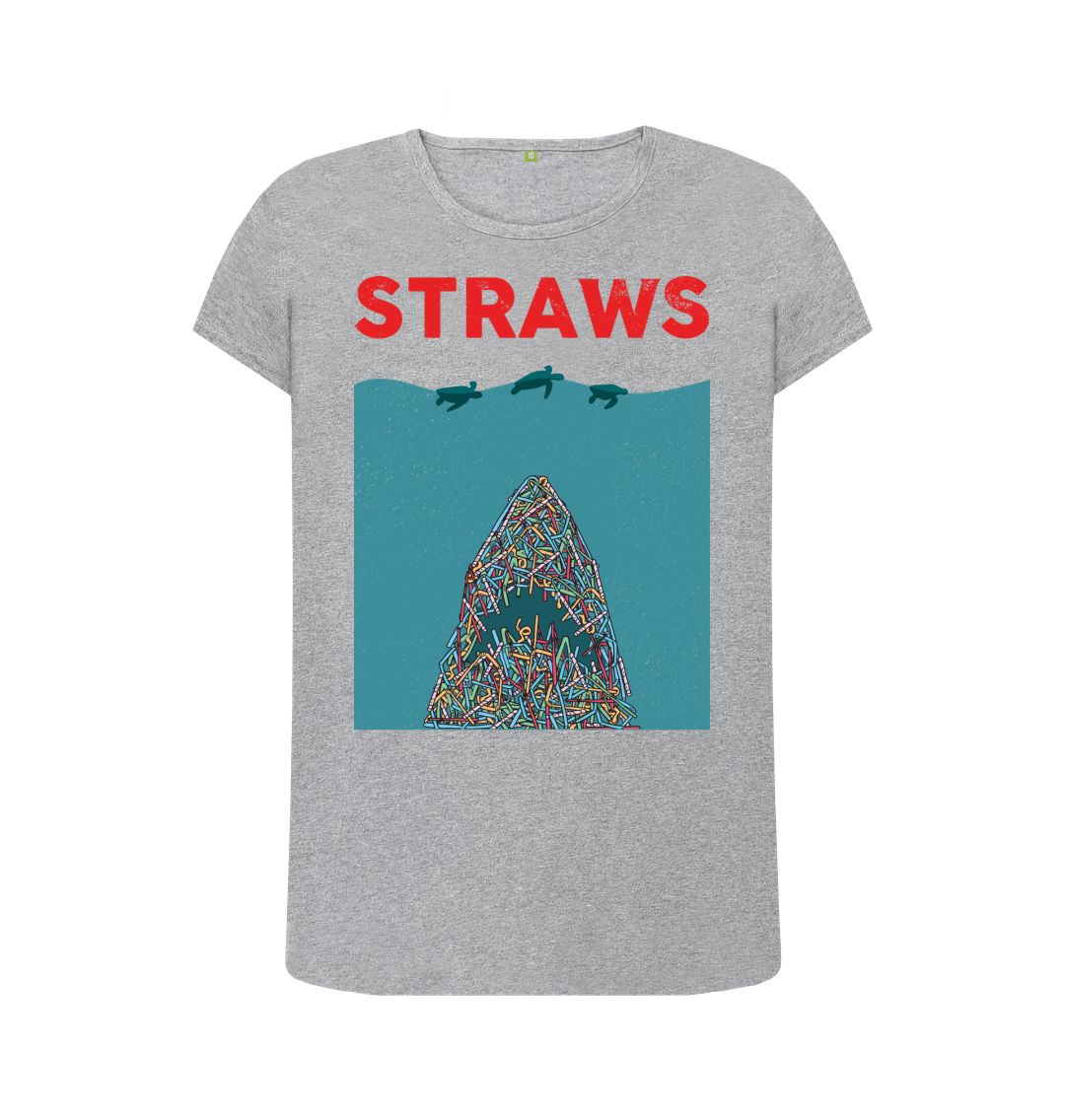 Gray t-shirt with "STRAWS" and straws illustration