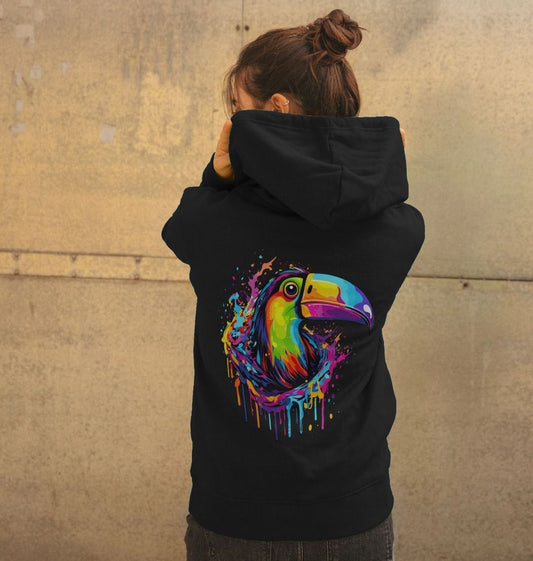 Colorful toucan hoodie with black background (person)