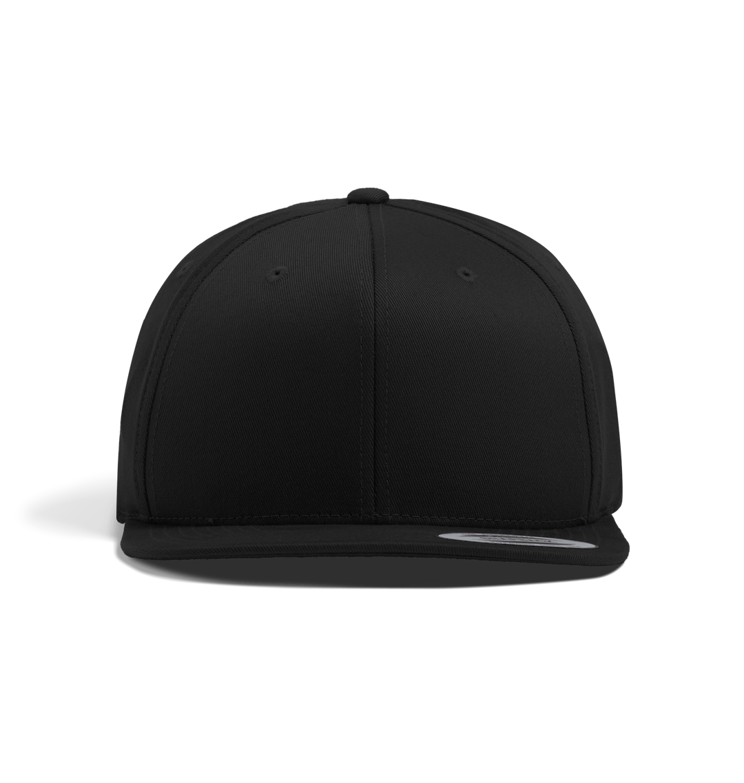 Black flat-brimmed baseball cap
