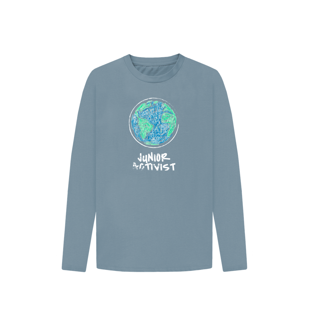 Light blue long-sleeved shirt with "Junior Activist" and Earth graphic