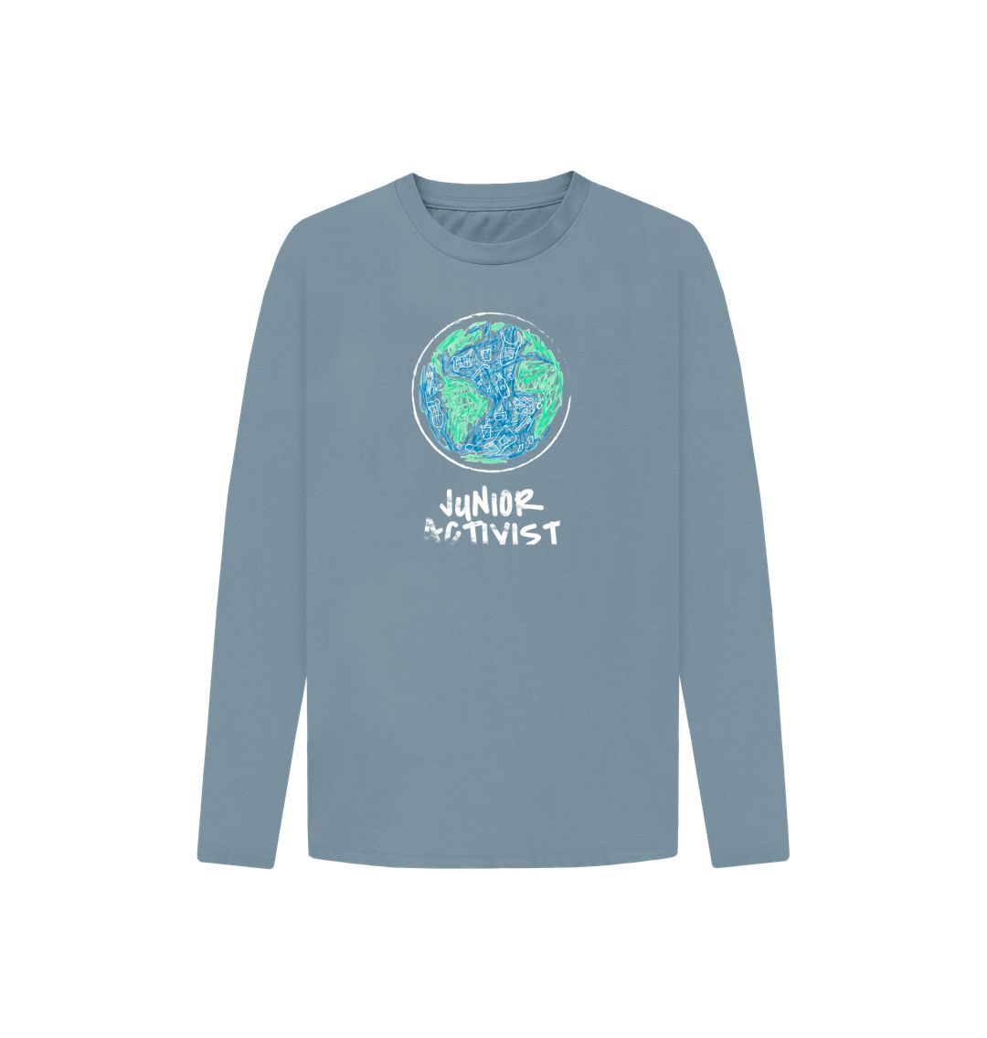 Blue long-sleeved t-shirt with "Junior Activist" and Earth graphic