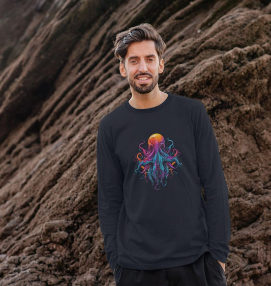 Black long-sleeve shirt with colorful octopus design (person)