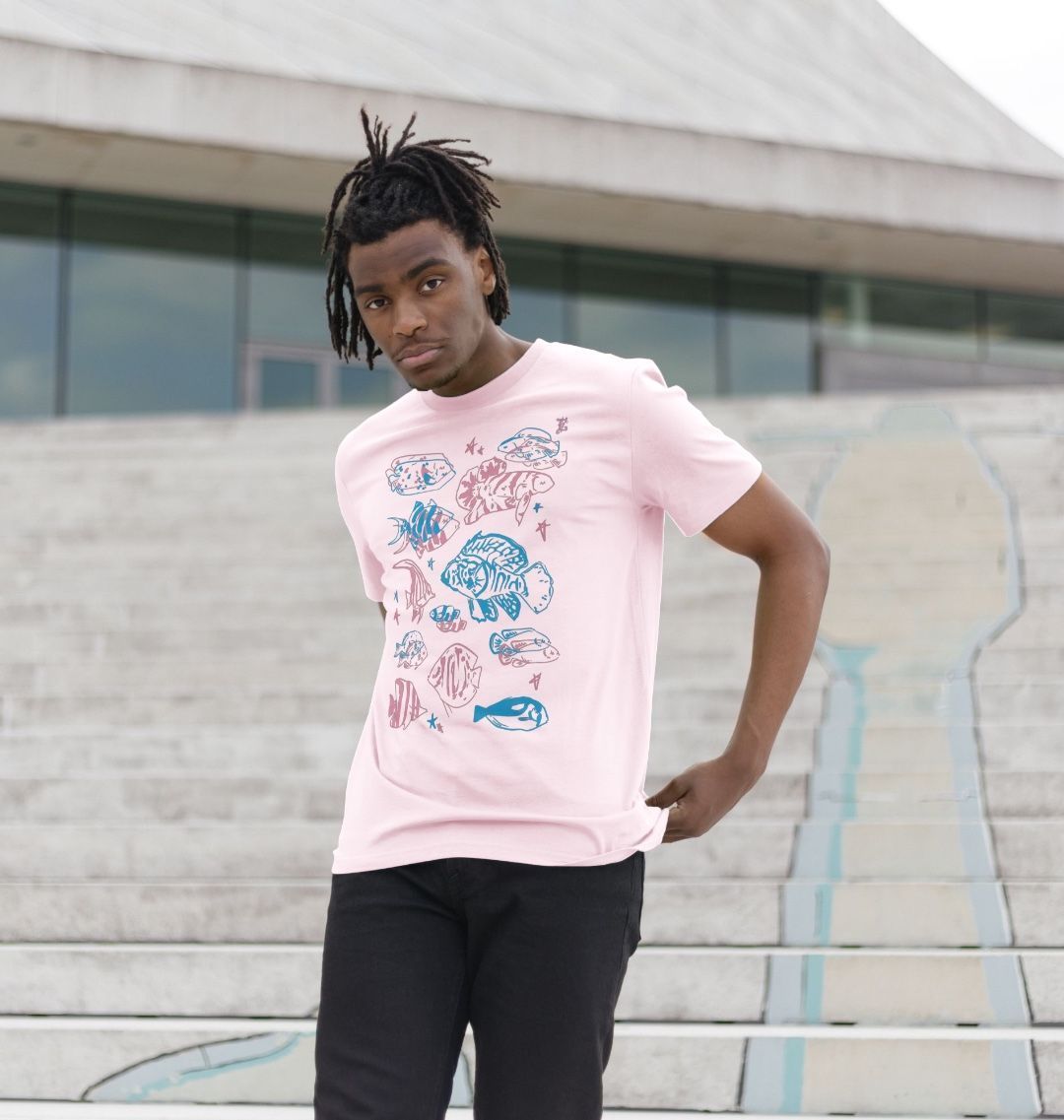 Pink t-shirt with fish illustrations (person)