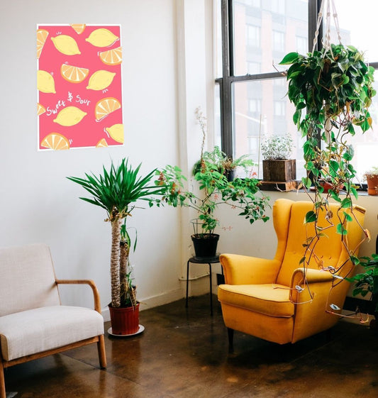 Bright yellow armchair with indoor plants