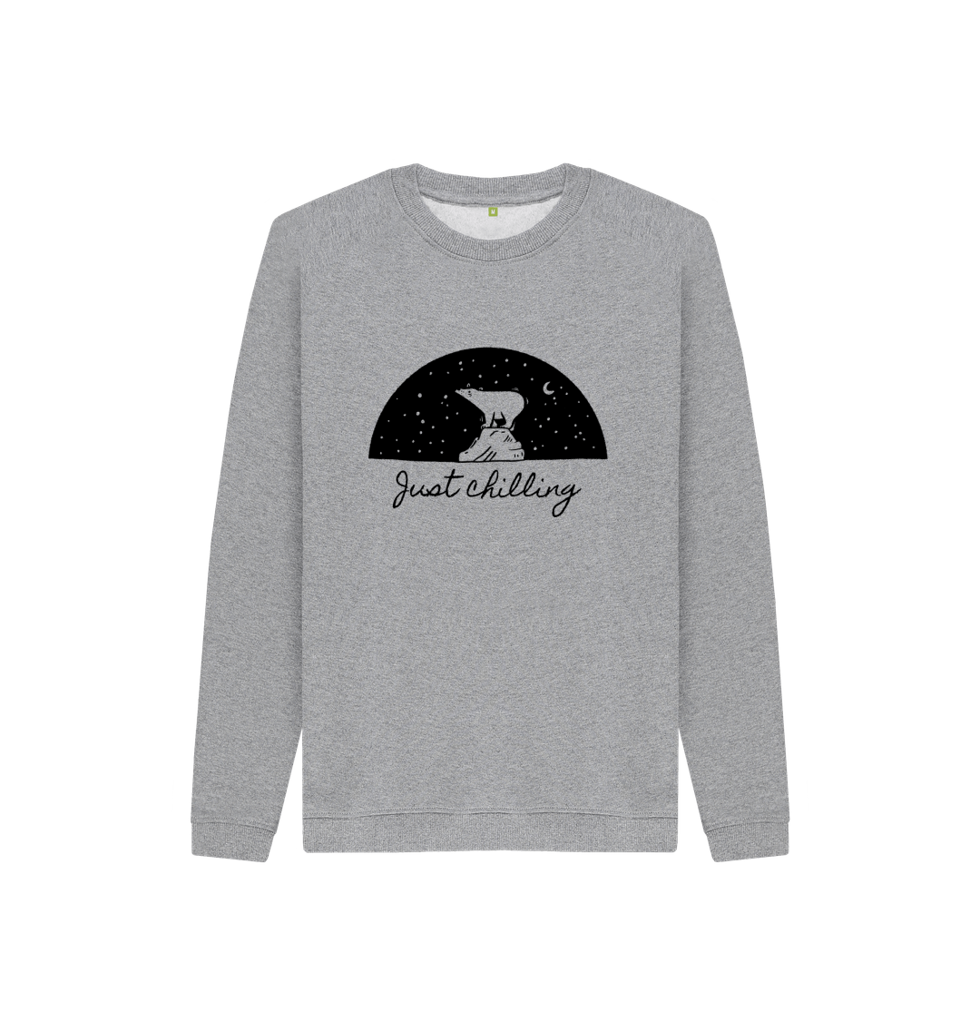 Gray sweatshirt with "Just Chilling" text and bear illustration