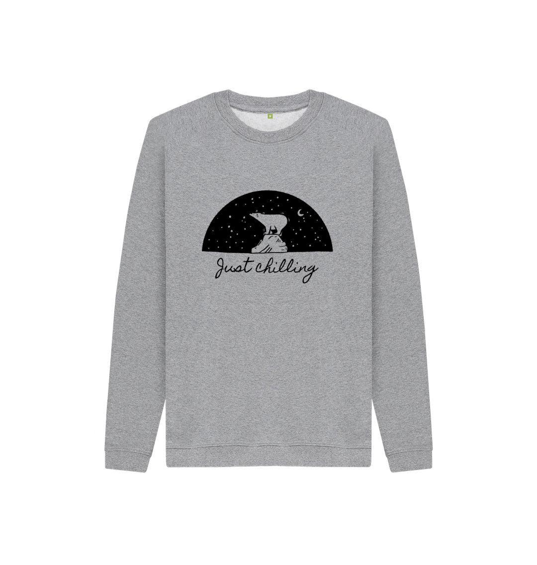Gray sweatshirt with "Just Chilling" text and bear illustration