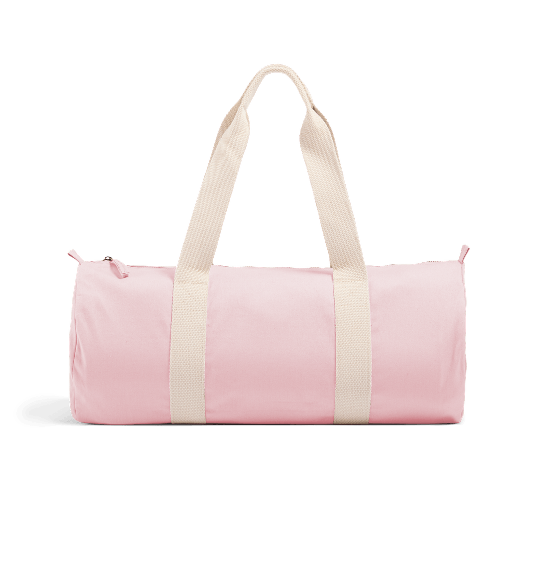 Pink cylindrical duffel bag with white handles