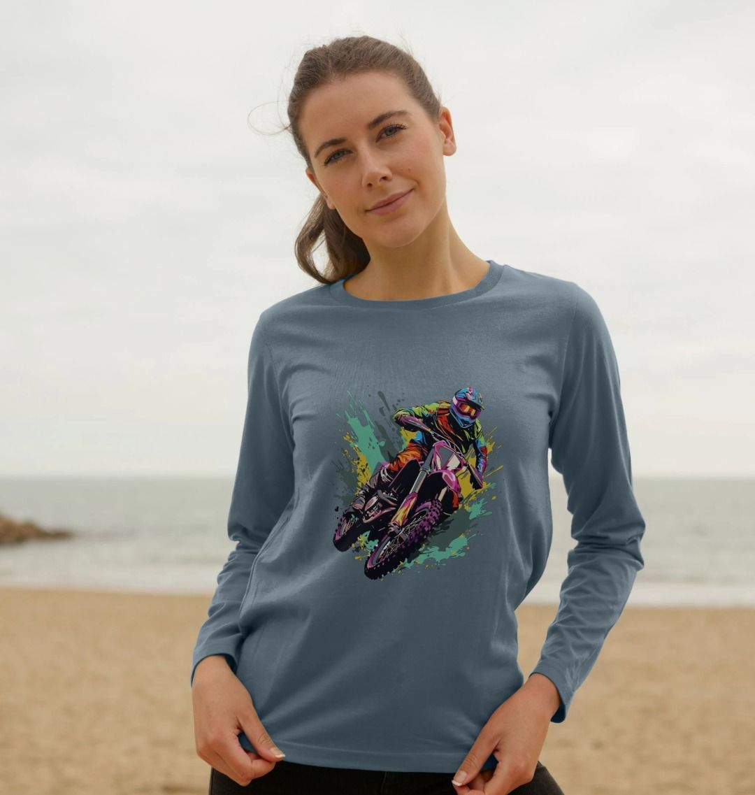 Blue long-sleeve t-shirt with dirt bike graphic (person)