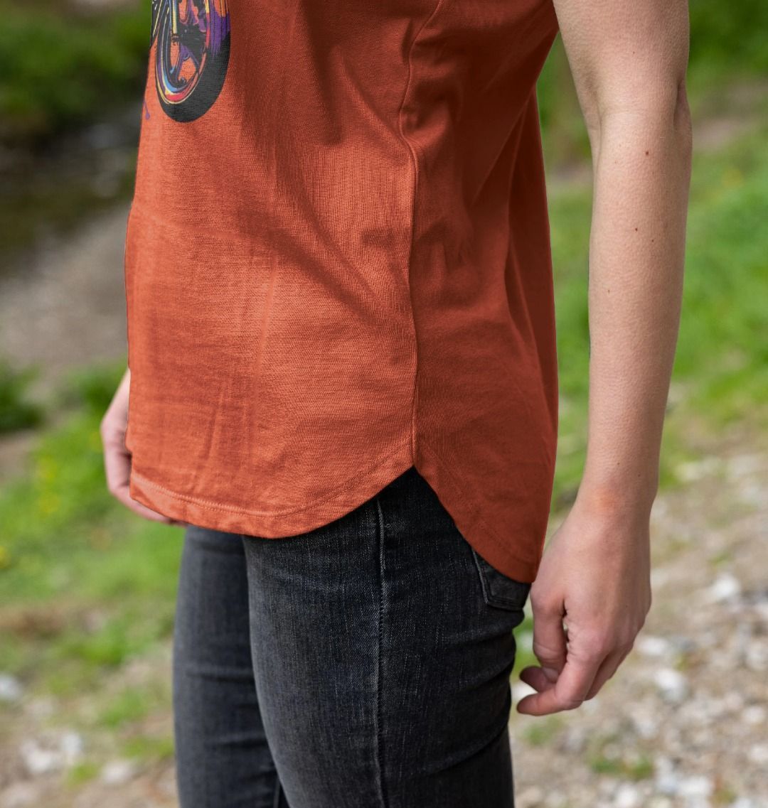 Burnt orange t-shirt with graphic design (person)