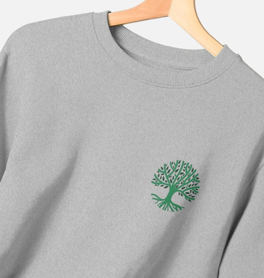 Gray sweatshirt with green tree design