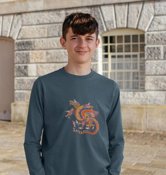 Dark blue sweatshirt with colorful dragon design (person)