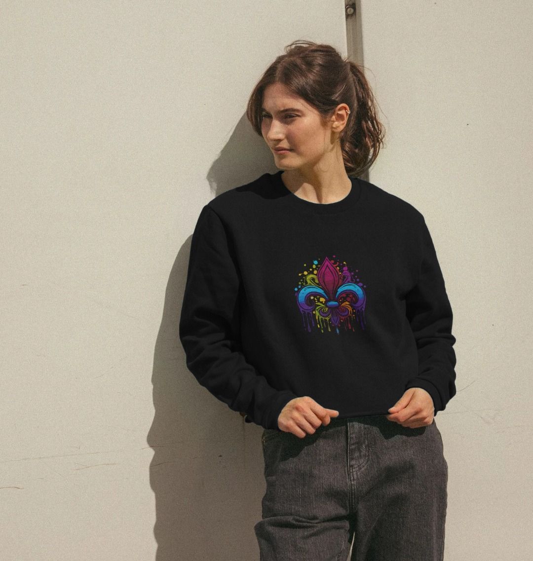 Black sweatshirt with colorful fleur-de-lis design (person)