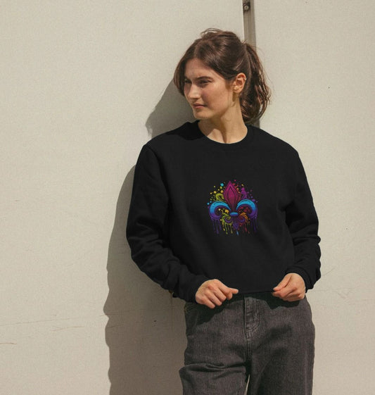 Black sweatshirt with colorful fleur-de-lis design (person)