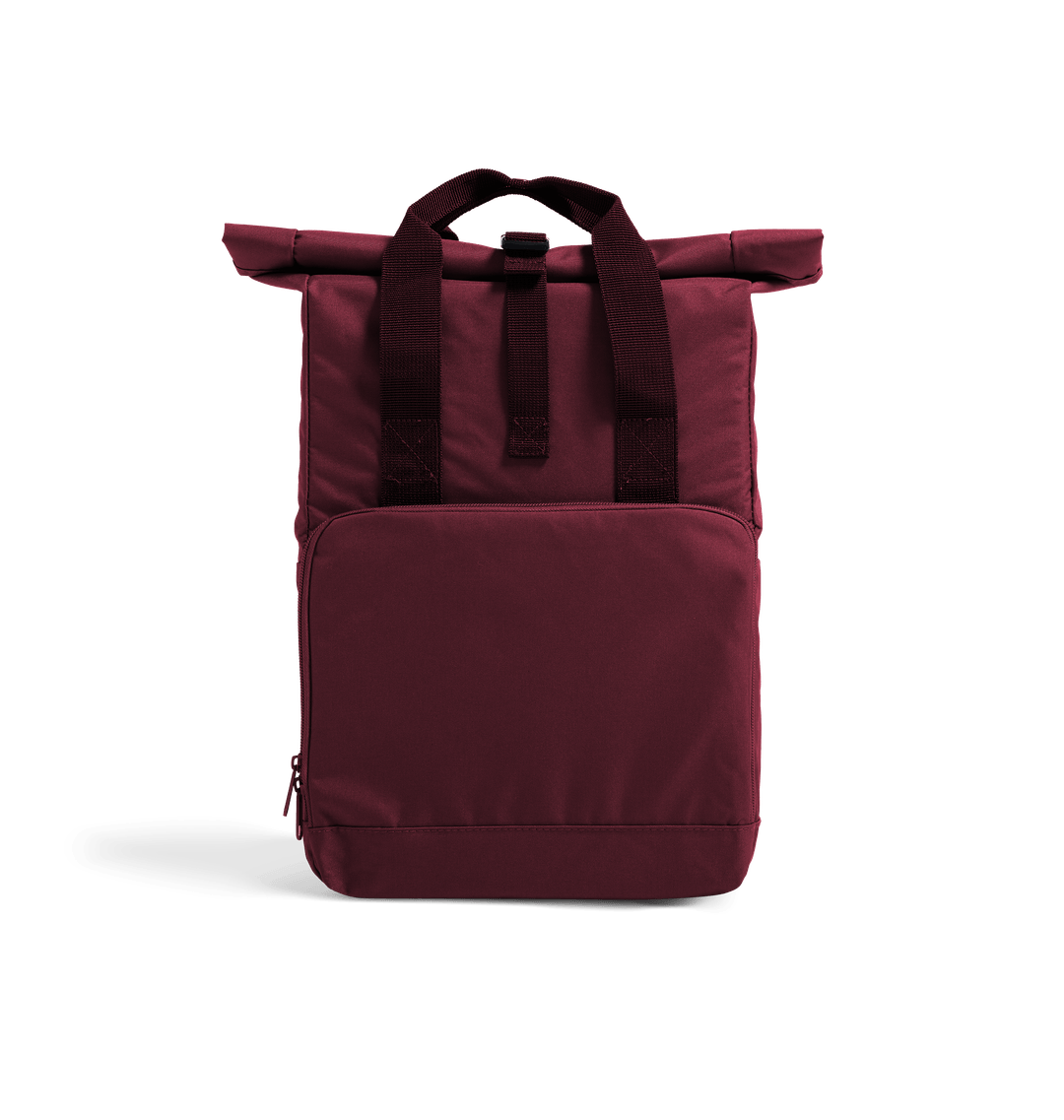 Maroon roll-top backpack with adjustable straps