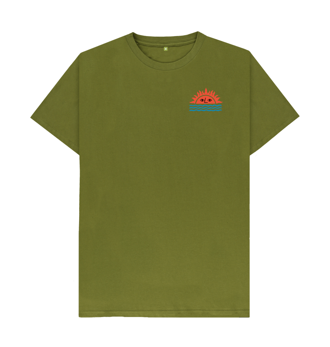 Olive green t-shirt with sun and eyes graphic