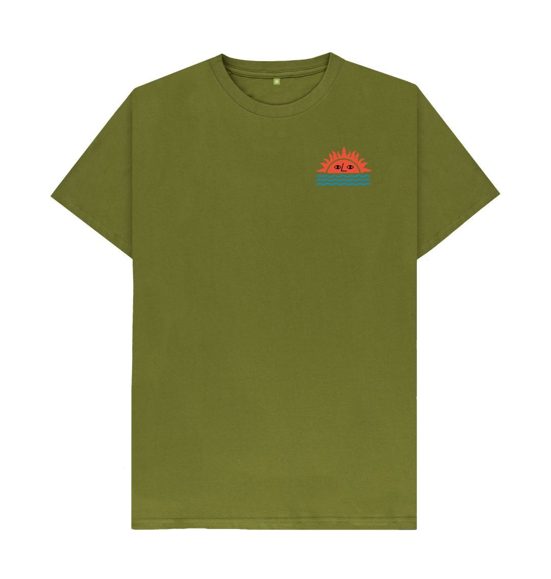 Olive green t-shirt with sun and face design