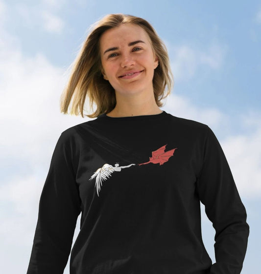 Black long-sleeve shirt with angel and red bird design (person)