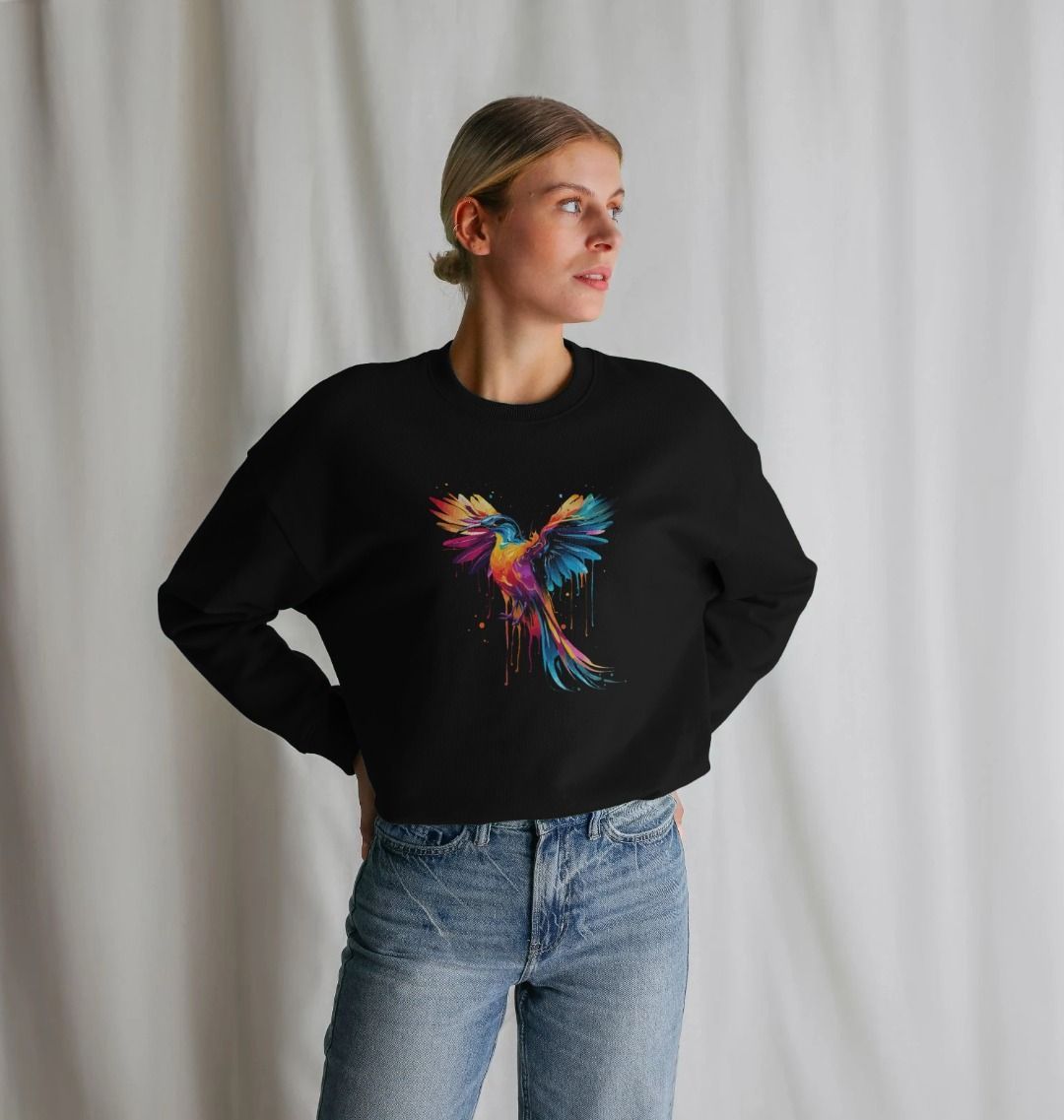 Black sweatshirt with colorful bird design (person)
