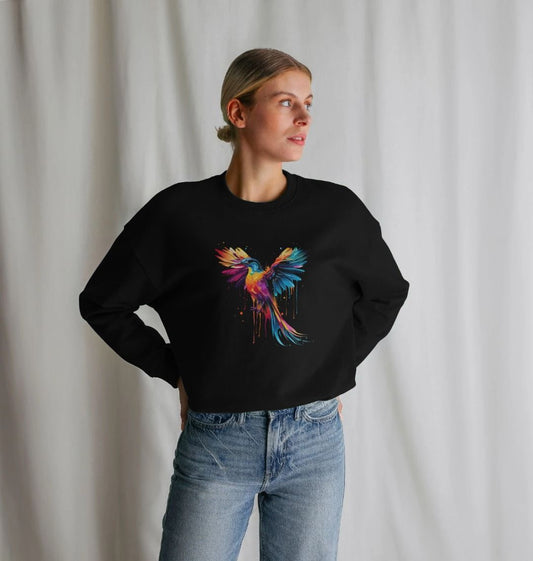 Black sweatshirt with colorful bird design (person)