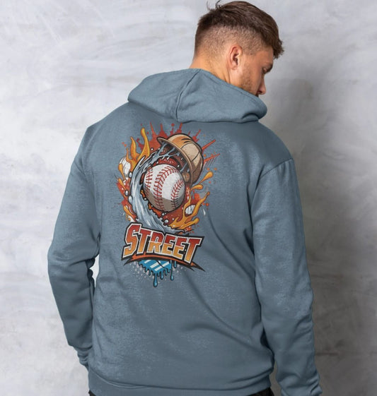 Baseball-themed hoodie with "Street" text (person)