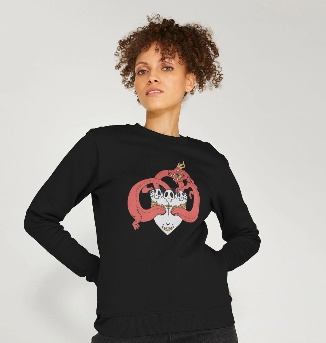 Black sweatshirt with dragon and skull design (person)