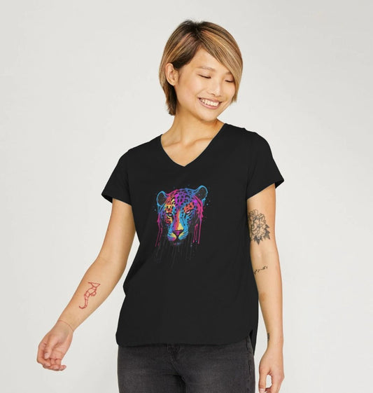 Black V-neck t-shirt with colorful leopard print (person)